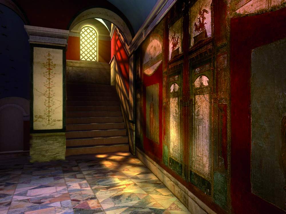 da una sala dal pavimento di marmo di vari colori e dalle pareti rosse affrescate con figure umane e motivi vegetali parte una rampa di scale